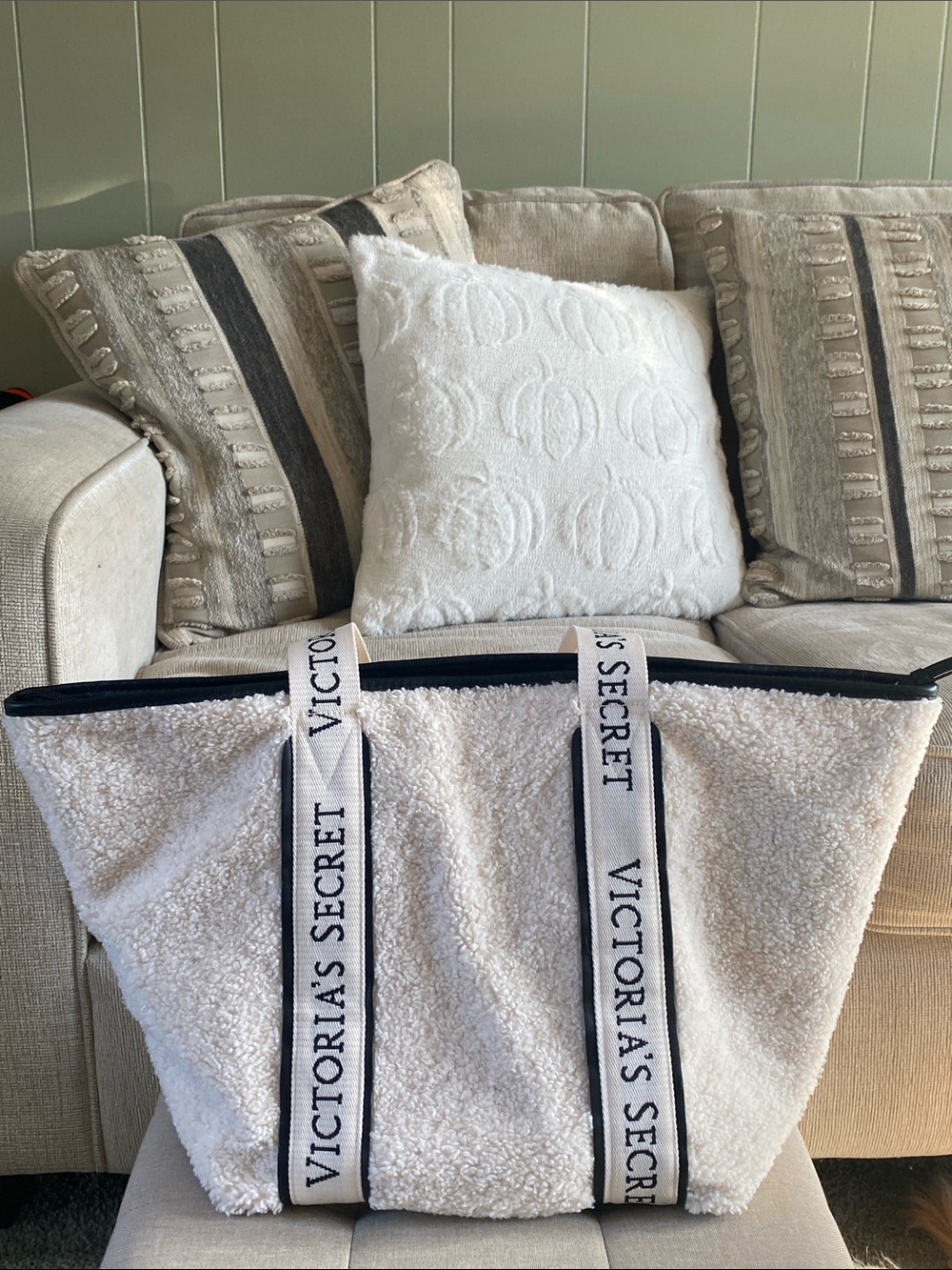 Victoria's Secret Cream Sherpa Tote with Black Trim and Logo Straps